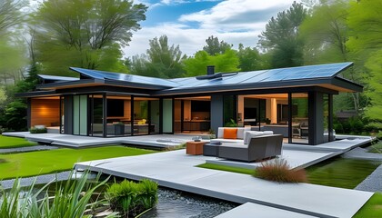 Wall Mural - Innovative Smart Home Featuring Sleek Solar Roof and Tranquil Backyard Sanctuary