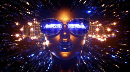 Futuristic woman face wearing glowing sunglasses. Surrounded by vibrant light streaks on a dark background. Concept of technology and cyber fashion