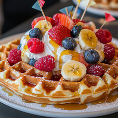 A deliciously arranged waffle topped with fresh fruits, whipped cream, and syrup creates delightful treat.