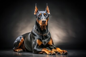 Experience the might and grace of a Doberman in a modern studio backdrop, highlighting this breed's unique elegance