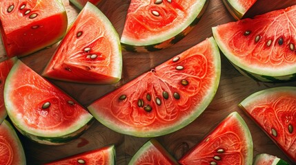 Wall Mural - Slices of fresh watermelon on wooden surface.