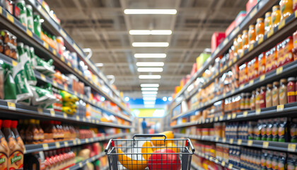 Shopper's View Down a Well-Lit Grocery Aisle isolated with white highlights, png