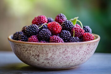 Wall Mural - Bowl of Fresh Blackberries and Raspberries