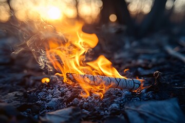 Leinwandbilder - Fire flames burning wood ashes embers sunset