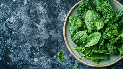 Wall Mural - A plate of leafy greens like spinach and kale, high in mineral salts, with space for text on the bottom-left.