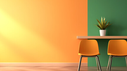 A vibrant interior scene featuring orange and green walls, a wooden table, and a modern plant in a pot, perfect for design inspiration.