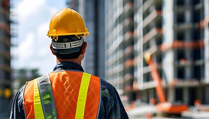 Wall Mural - Construction worker in hard hat and safety vest observing building site from behind