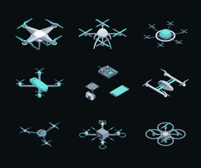 Wall Mural - Color Unmanned Aerial Vehicles Set 3D Isometric View. Vector illustration of Drone with Camera for Monitoring and Control