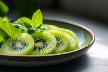 Wall Mural - Fresh Kiwi Slices with Mint Leaves in a Bowl