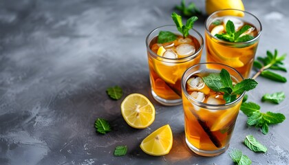 Wall Mural - Refreshing iced tea served with lemon wedges and mint leaves on a stylish gray backdrop