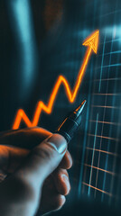 Poster - Businessman with a pen is examining a growing arrow chart indicating favorable financial outcomes