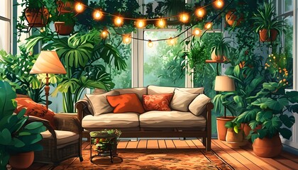 Wall Mural - Inviting greenhouse living room adorned with lush greenery, comfortable seating, and enchanting string lights