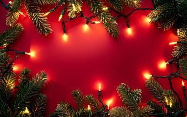 Wall Mural - the festive holiday garland twinkles with sparkling lights on a red background, creating a cozy atmo