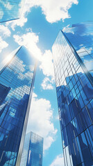 Fototapete - Modern cityscape with tall glass buildings reflecting the blue sky and white clouds, embodying urban sophistication and contemporary design