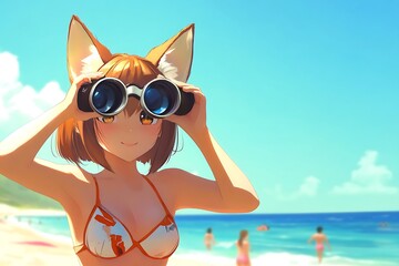 Poster - Cute Anime Girl with Cat Ears Uses Binoculars on the Beach.