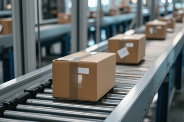 Poster - Boxes on a conveyor belt cardboard factory manufacturing.