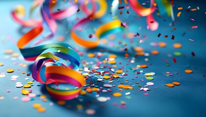 Wall Mural - Vibrant streamers and confetti on a cheerful blue backdrop for festive birthday celebrations and joyful occasions