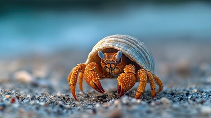 A close-up of a hermit crab with a shell, walking along the sandy shoreline with sunlight reflecting off the water in the background.
