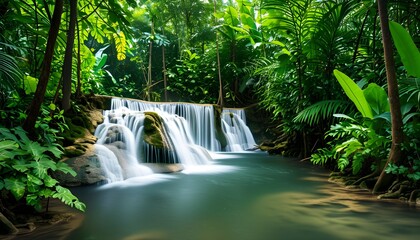 Wall Mural - Tranquil waterfall flowing through vibrant tropical jungle surrounded by lush greenery and a serene pool