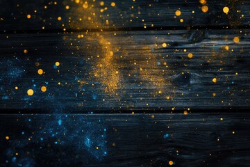 Wall Mural - Digital background featuring yellow and blue dust particles on a wooden surface