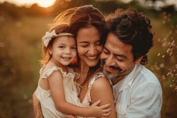 Happy Family Outdoors: Smiling Parents and Child Enjoying Sunset in Nature