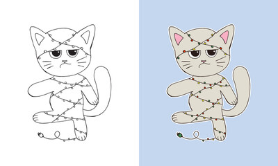 Cute doodle Christmas Kitten line art coloring page. Childish style outline and cartoon cat for kids color book. Adorable before and after sketch illustration