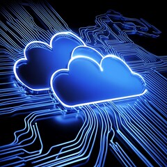 Poster - Cloud Computing Concept - Neon Cloud Symbol Over Circuit Board.