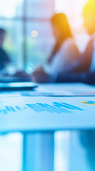 Canvas Print - Financial charts and graphs are laying on a desk with business people working in the background