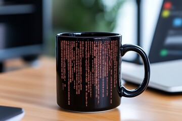 Black Mug with Binary Code Design on a Desk.