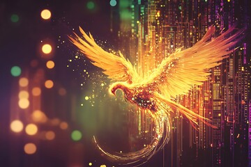 Sticker - Golden Phoenix Rising Through a Digital Cityscape.