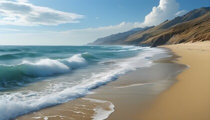 Wall Mural - Serene beach landscape featuring golden sands and gentle waves lapping at the shore