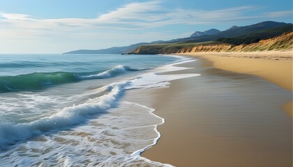 Wall Mural - Serene beach landscape featuring golden sands and gentle waves lapping at the shore