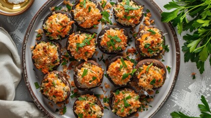 A plate of stuffed mushrooms with parsley and cheese