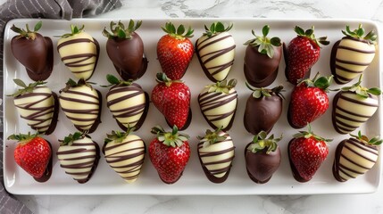 Wall Mural - A white plate with chocolate and strawberry covered strawberries