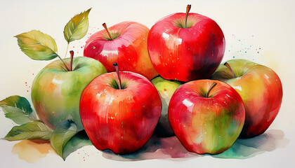 Wall Mural - Vibrant watercolor painting of fresh apples on white. Tasty and healthy fruit. Organic product