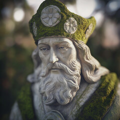 Moss-covered statue of a saint with intricate cross detail