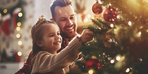 Poster - Happy family of decorating a Christmas tree christmas lights christmas tree.