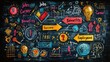 © Viktoryia - A colorful chalkboard bursts with illustrations and keywords representing the journey of career advancement, highlighting jobs, benefits, and keys to employment success in an artistic manner