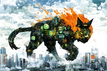 Canvas Print - Cybernetic Beast Overlooking the Metropolis.