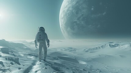 Astronaut treks across a barren moonscape with a large, cratered planet and its moon looming above. 3d render 