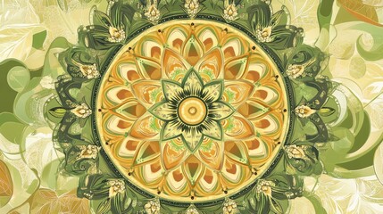 Wall Mural - Mandala style vector artwork featuring decorative circular patterns and floral motifs in shades of yellow green and olive