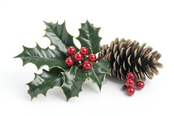 Christmas decoration of holly berry and pine cone on white background