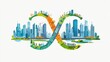 © 楠 刘 - Infinite symbol vector art illustration that combines urban landscape with business people. Cities, high-rise buildings, green spaces, and trains are connected through harmonious design