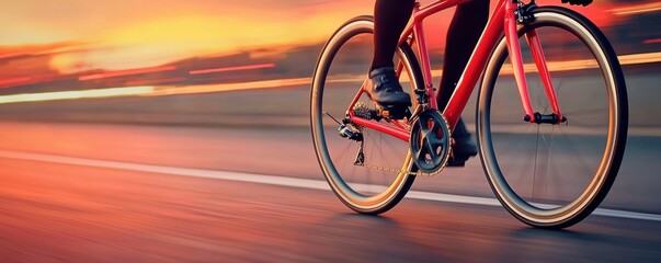 Close-up of a cyclist's legs pedaling a red road bike at high speed on a highway with blurred motion and sunset sky in the background.