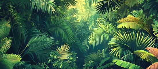 Canvas Print - Jungle themed wallpaper design featuring trees and tropical plants Vector illustration