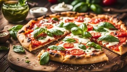 Poster - Rustic margarita pizza on a wooden board.
