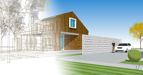 Wall Mural - sketch of a modern house 3d rendering	
