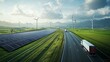 © 楠 刘 - Green scenery from the perspective of surreal drones, showcasing solar panels and wind turbines alongside trucks on highways, highlighting renewable energy and sustainability.