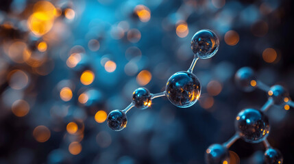 Molecular Symphony: A mesmerizing close-up of shimmering molecules, their bonds illuminated, against a deep blue and amber bokeh, evoking the beauty and complexity of science. 