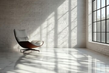 Wall Mural - minimalist loft interior with textured white brick wall sleek furniture and large windows casting dramatic shadows perfect for virtual backgrounds